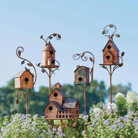 Whimsical Birdhouse Garden Stakes Decor