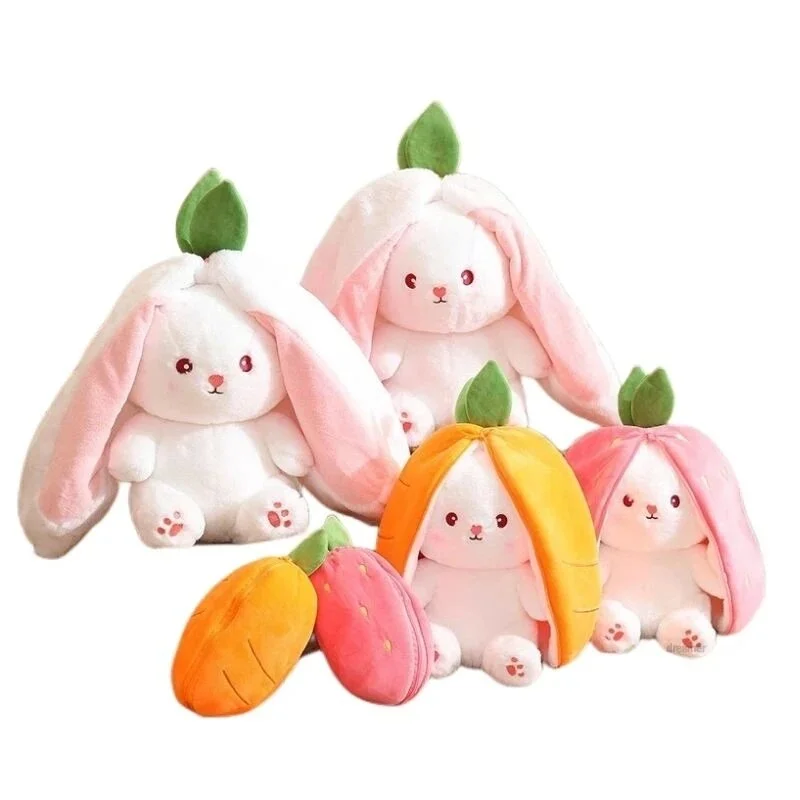 Creative Funny Doll Carrot Rabbit Plush Toy Stuffed Soft Bunny Hiding in Strawberry Bag Toys for Kids Girls Birthday Gift