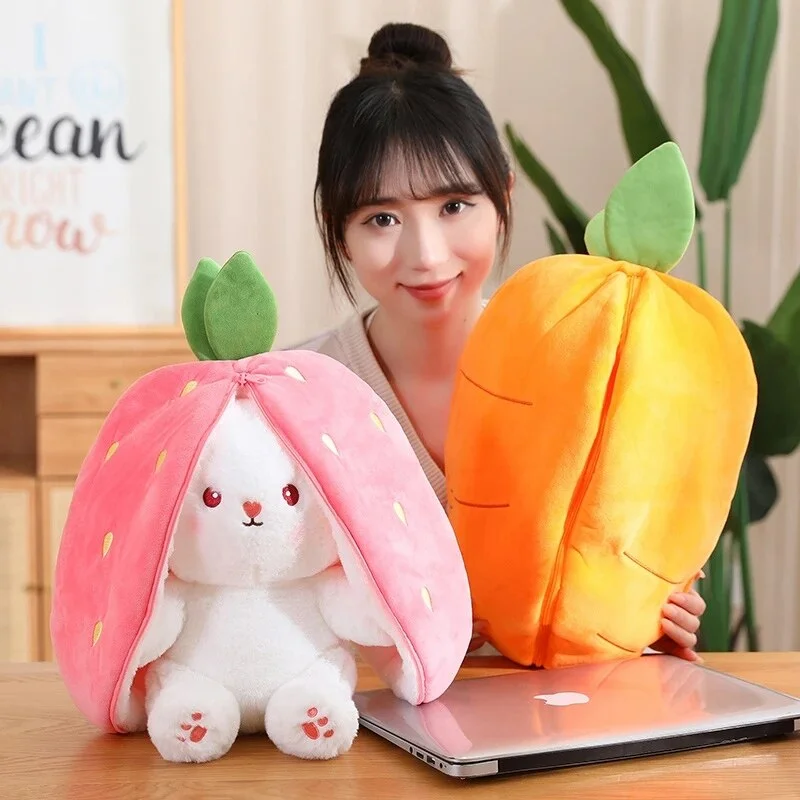 Creative Funny Doll Carrot Rabbit Plush Toy Stuffed Soft Bunny Hiding in Strawberry Bag Toys for Kids Girls Birthday Gift