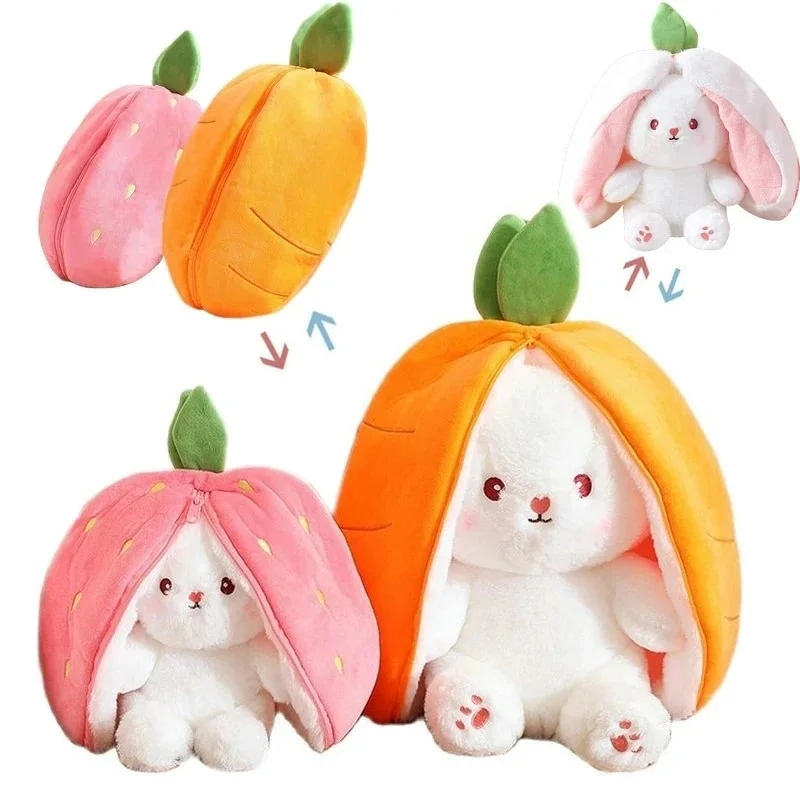 Creative Funny Doll Carrot Rabbit Plush Toy Stuffed Soft Bunny Hiding in Strawberry Bag Toys for Kids Girls Birthday Gift