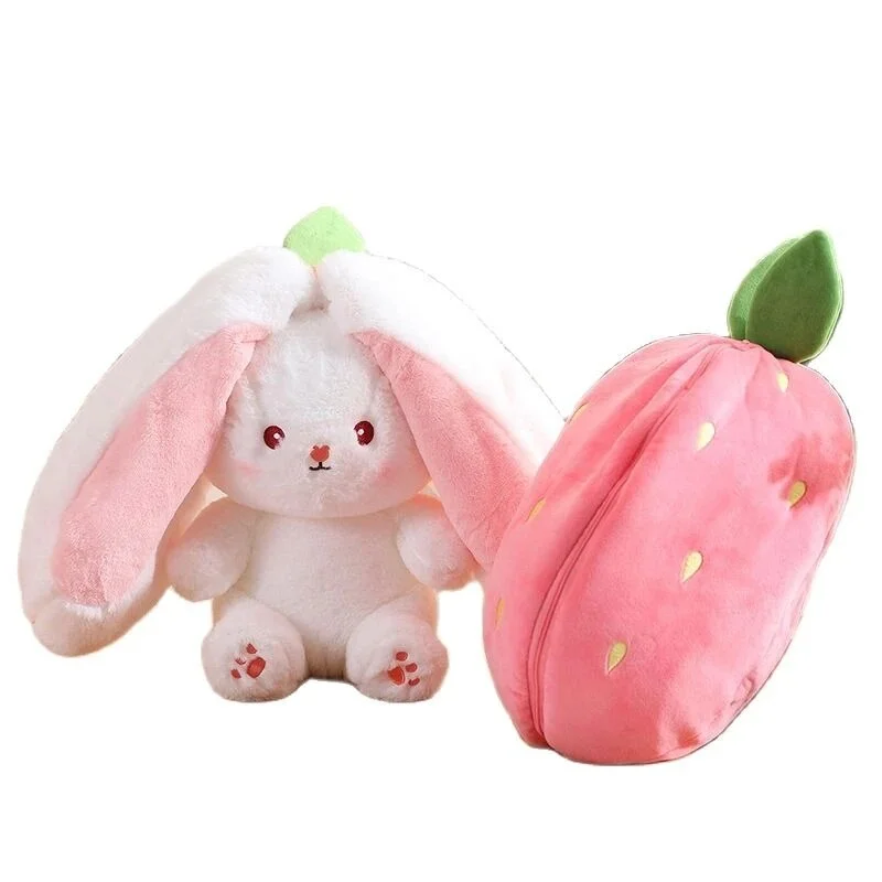 Creative Funny Doll Carrot Rabbit Plush Toy Stuffed Soft Bunny Hiding in Strawberry Bag Toys for Kids Girls Birthday Gift