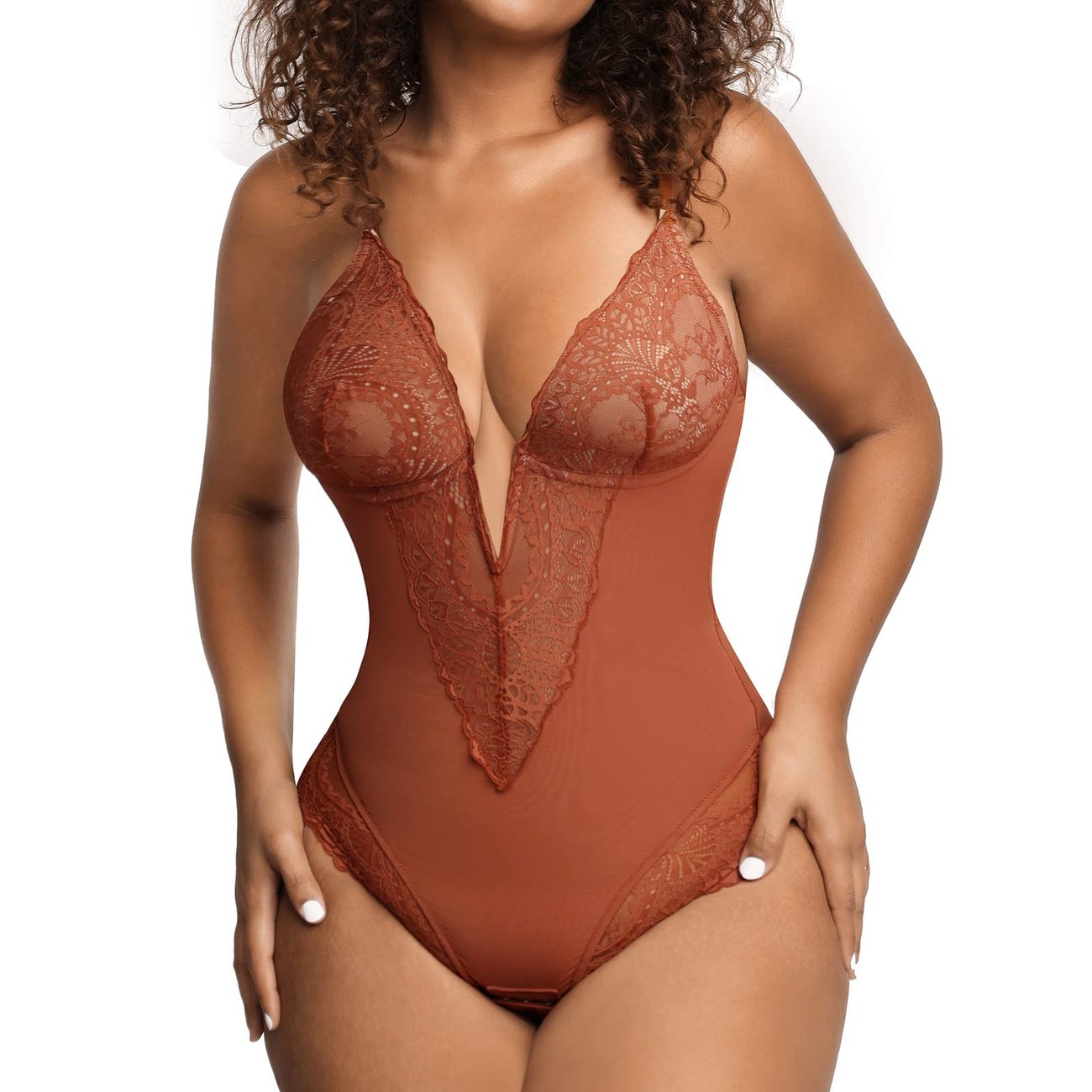 Deep-V Neck Lace Thong Bodysuit