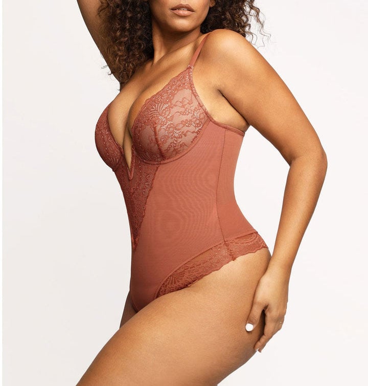 Deep-V Neck Lace Thong Bodysuit