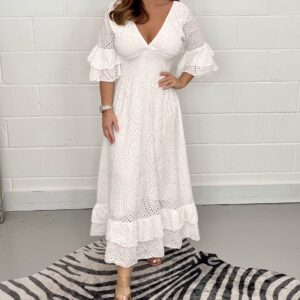 Embroidery Anglaise Frill Sleeve Midi Dress