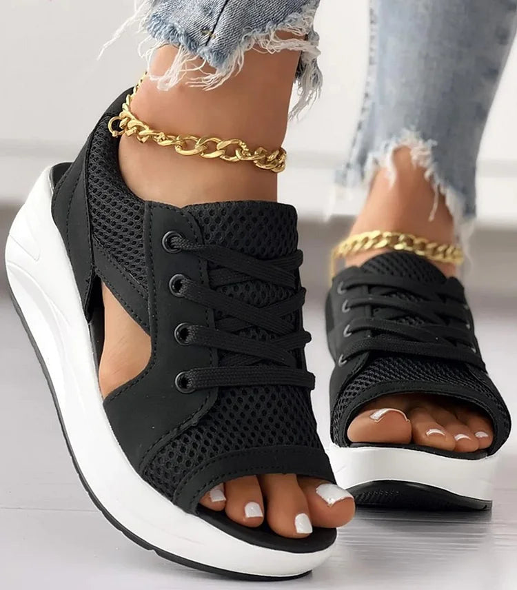 (Happy Mother's Day Limited Time Half Price Offer) - Contrast Paneled Cutout Lace-up Muffin Sandals