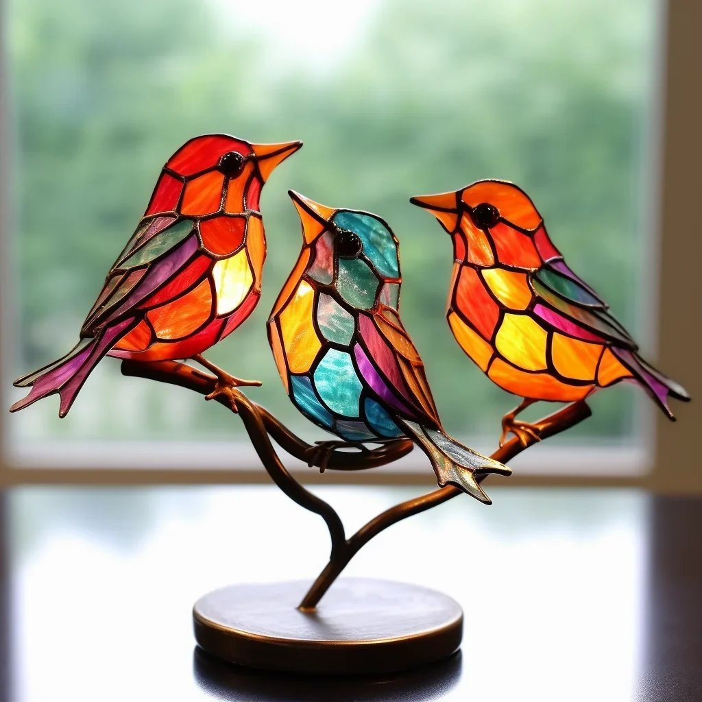 (Last Day 70% OFF) – Stained Glass Birds on Branch Desktop Ornaments