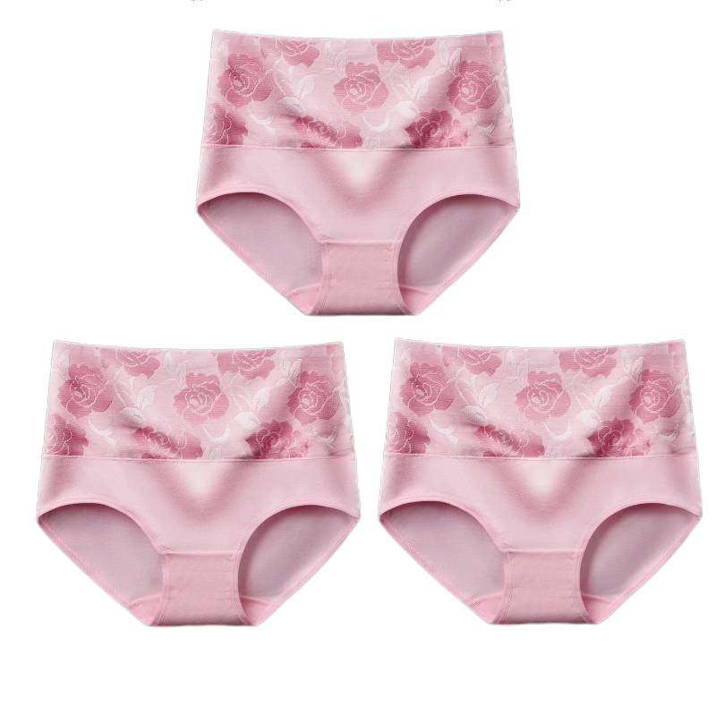 (Last Day Promotion SAVE 50% OFF) - Cotton High Waist Tummy Control Leak proof Panties Rose Jacquard Ladies Panty Multipack (3PCS/SET)