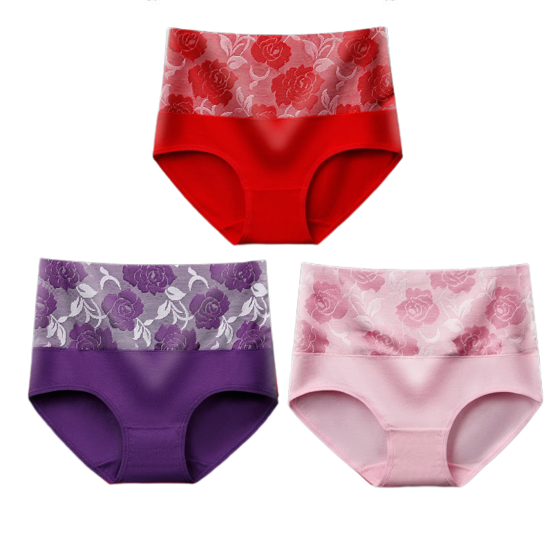 (Last Day Promotion SAVE 50% OFF) - Cotton High Waist Tummy Control Leak proof Panties Rose Jacquard Ladies Panty Multipack (3PCS/SET)