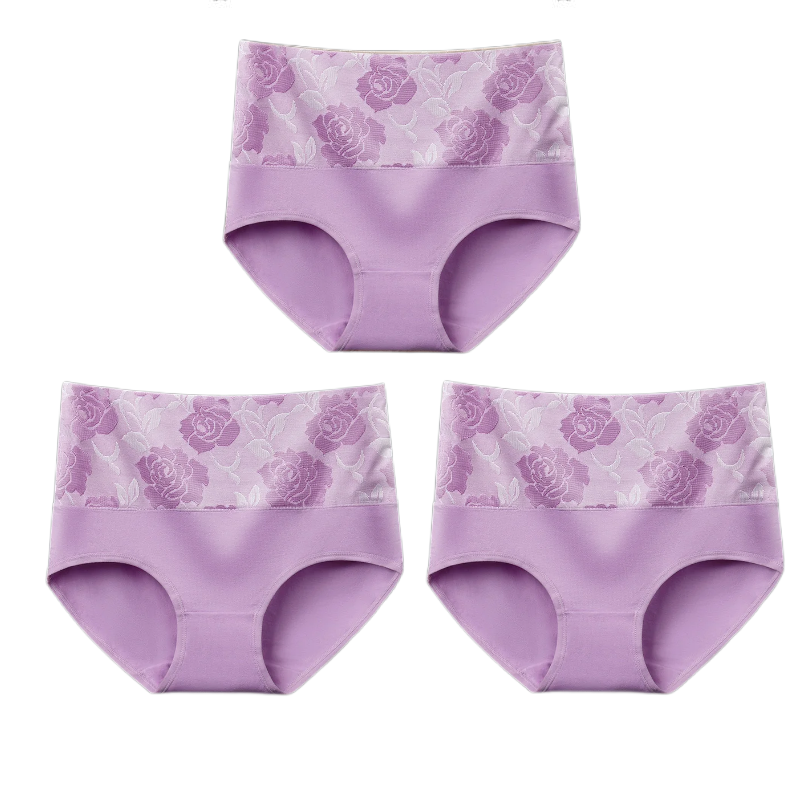 (Last Day Promotion SAVE 50% OFF) - Cotton High Waist Tummy Control Leak proof Panties Rose Jacquard Ladies Panty Multipack (3PCS/SET)