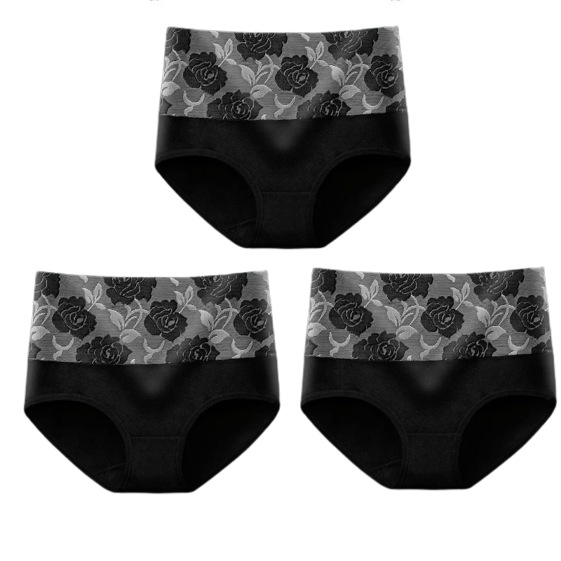 (Last Day Promotion SAVE 50% OFF) – Cotton High Waist Tummy Control Leak proof Panties Rose Jacquard Ladies Panty Multipack (3PCS/SET)