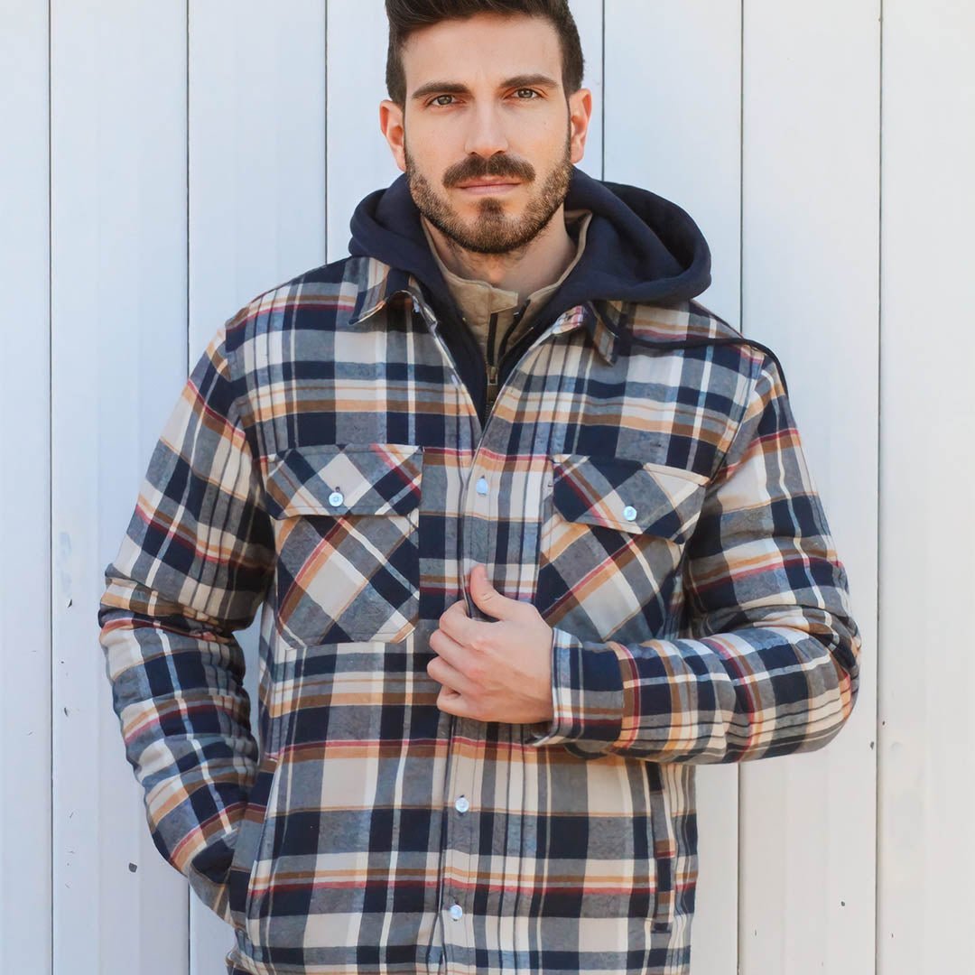 Men’s Winter Thick Zip Plaid Flannel Shirts Detachable Hood Quilted