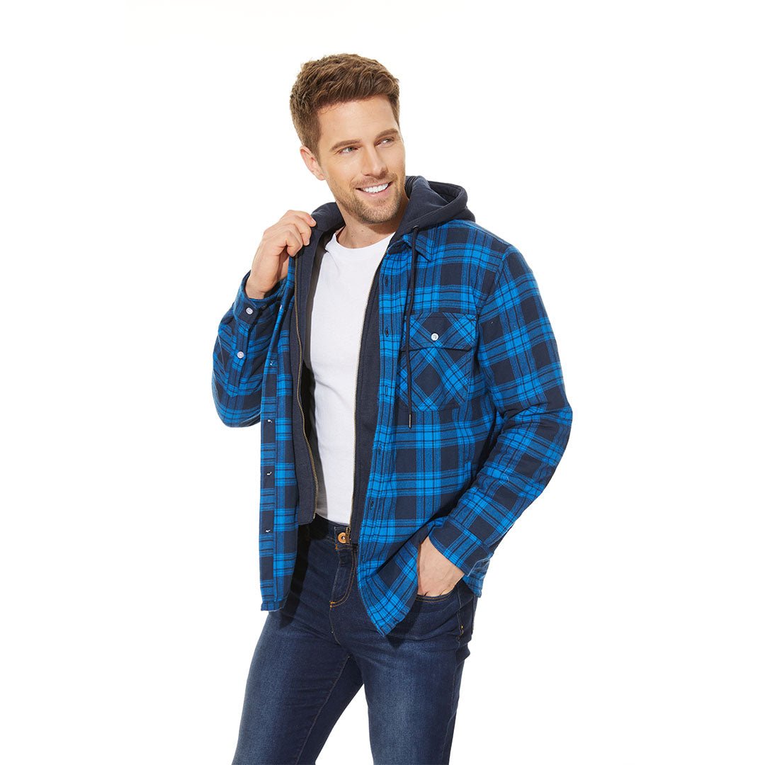 Men's Winter Thick Zip Plaid Flannel Shirts Detachable Hood Quilted