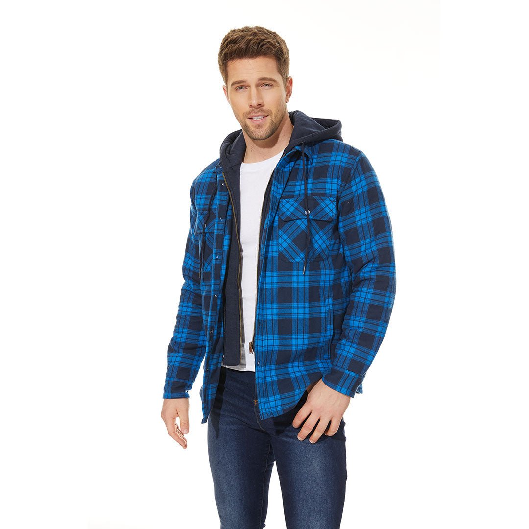 Men's Winter Thick Zip Plaid Flannel Shirts Detachable Hood Quilted