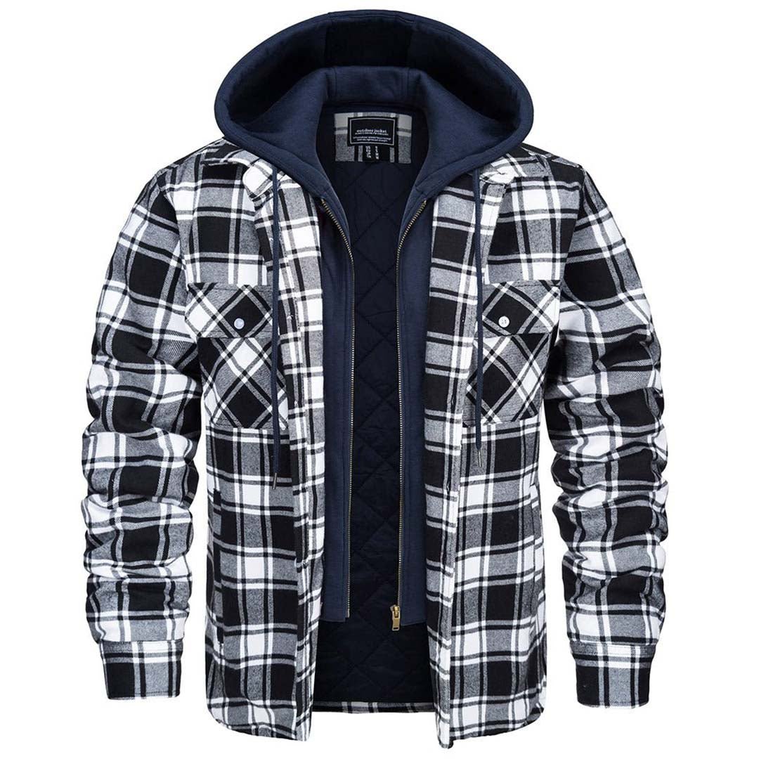 Men's Winter Thick Zip Plaid Flannel Shirts Detachable Hood Quilted