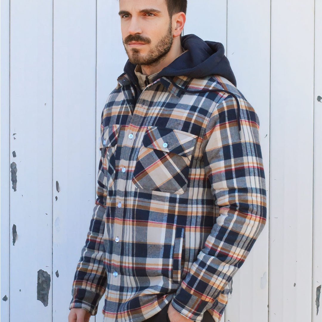 Men's Winter Thick Zip Plaid Flannel Shirts Detachable Hood Quilted