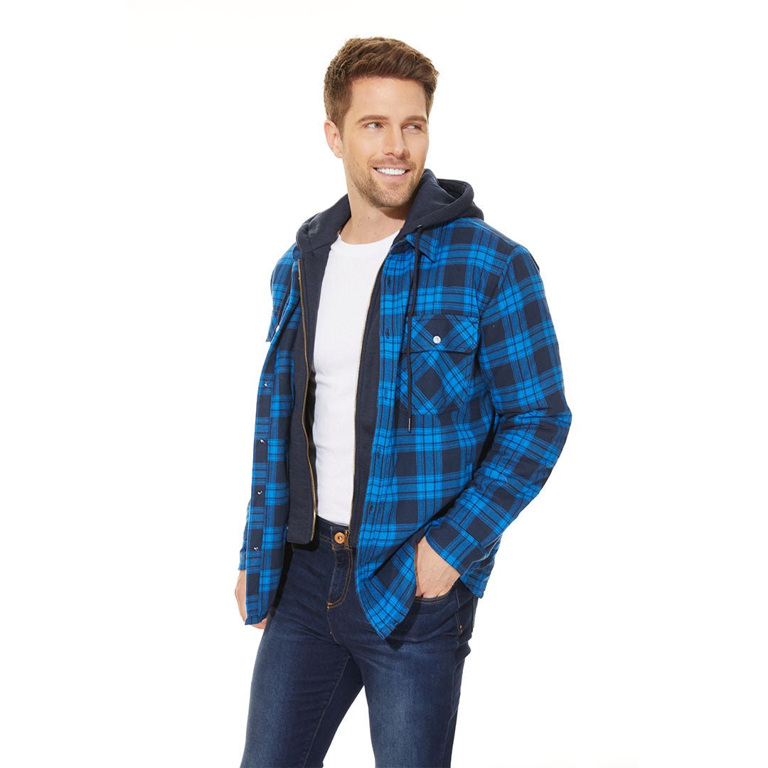 Men's Winter Thick Zip Plaid Flannel Shirts Detachable Hood Quilted