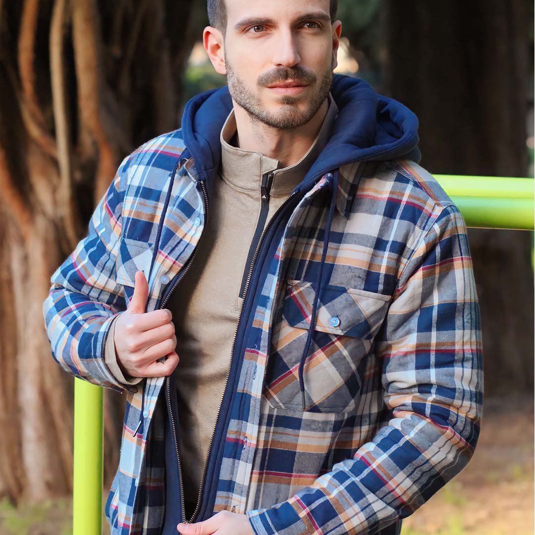 Men's Winter Thick Zip Plaid Flannel Shirts Detachable Hood Quilted