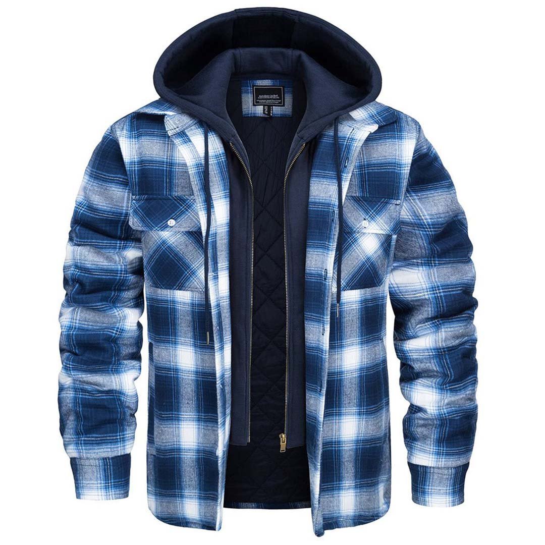 Men's Winter Thick Zip Plaid Flannel Shirts Detachable Hood Quilted