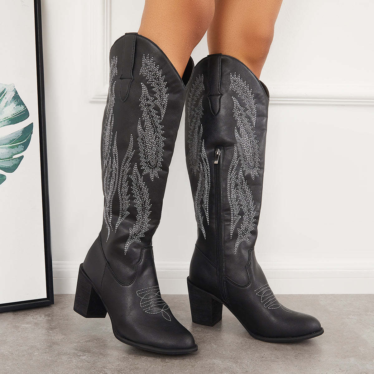 NEW! The Stitch Detail Embroidered Design Side Zipper Boots