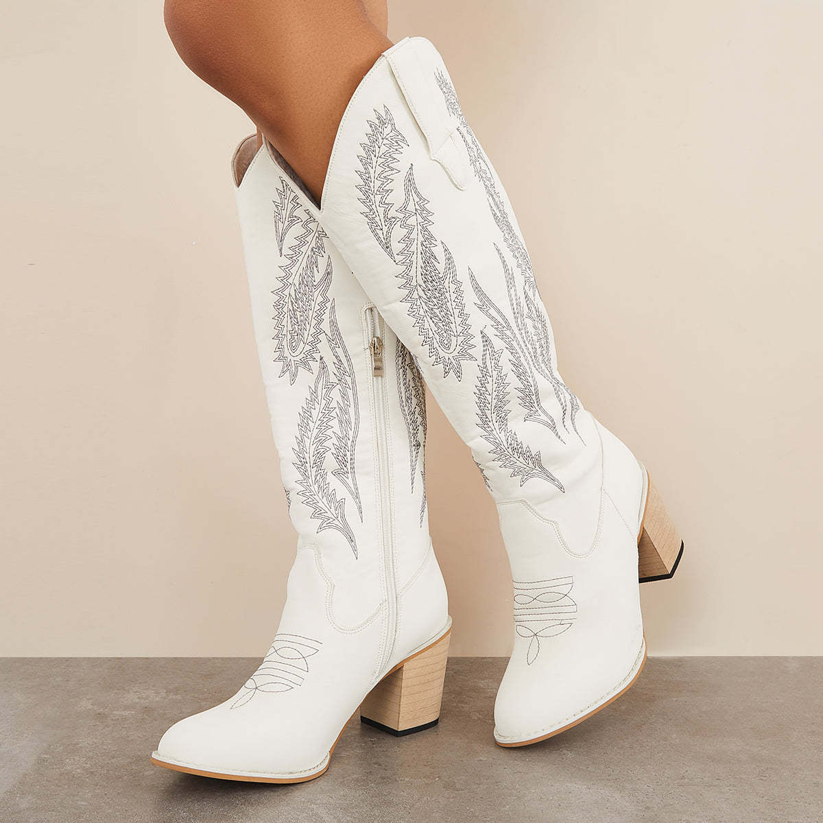 NEW! The Stitch Detail Embroidered Design Side Zipper Boots