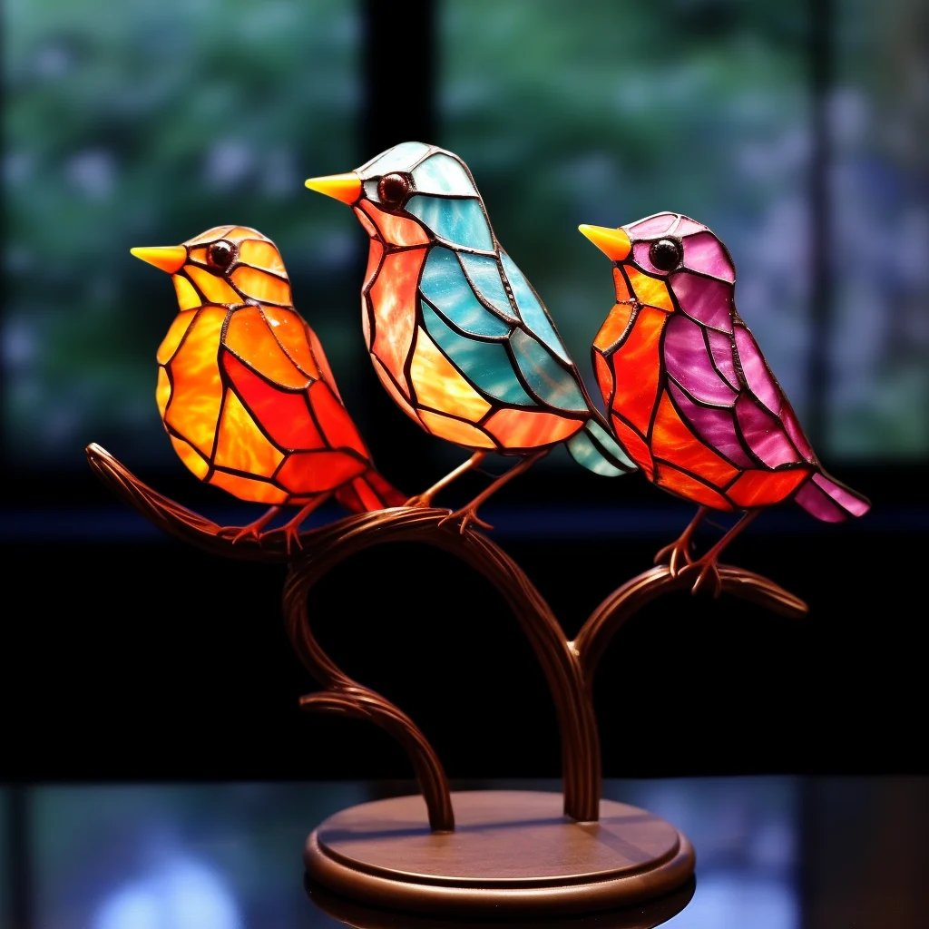 Stained Birds on Branch Desktop Ornaments