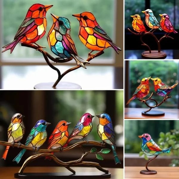 Stained Birds on Branch Desktop Ornaments