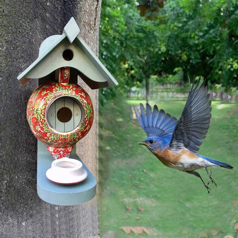 William Morris Teal Teapot Bird House