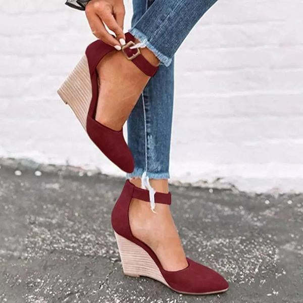 Women Classic Ankle Strap Pointed Toe Wedge Sandals