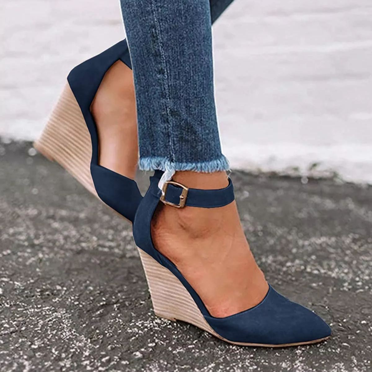 Women Classic Ankle Strap Pointed Toe Wedge Sandals