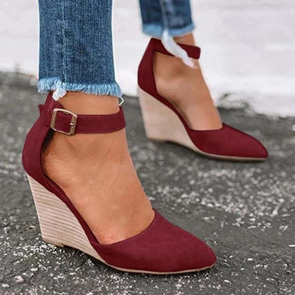 Women Classic Ankle Strap Pointed Toe Wedge Sandals