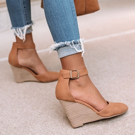 Women Classic Ankle Strap Pointed Toe Wedge Sandals