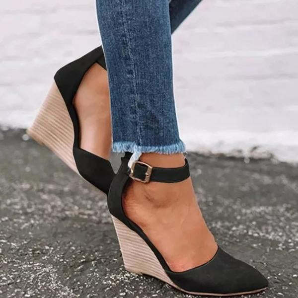 Women Classic Ankle Strap Pointed Toe Wedge Sandals