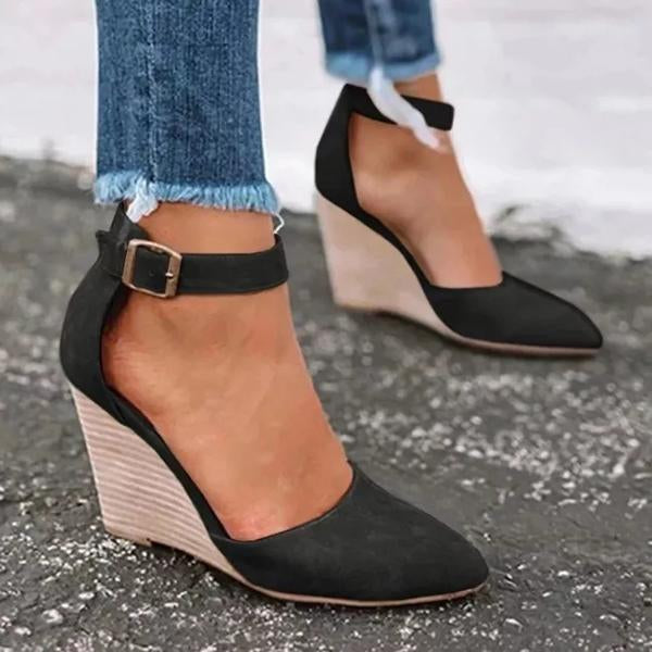 Women Classic Ankle Strap Pointed Toe Wedge Sandals