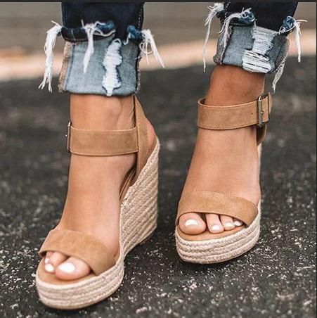 Women Strappy Buckle Espadrille Wedges