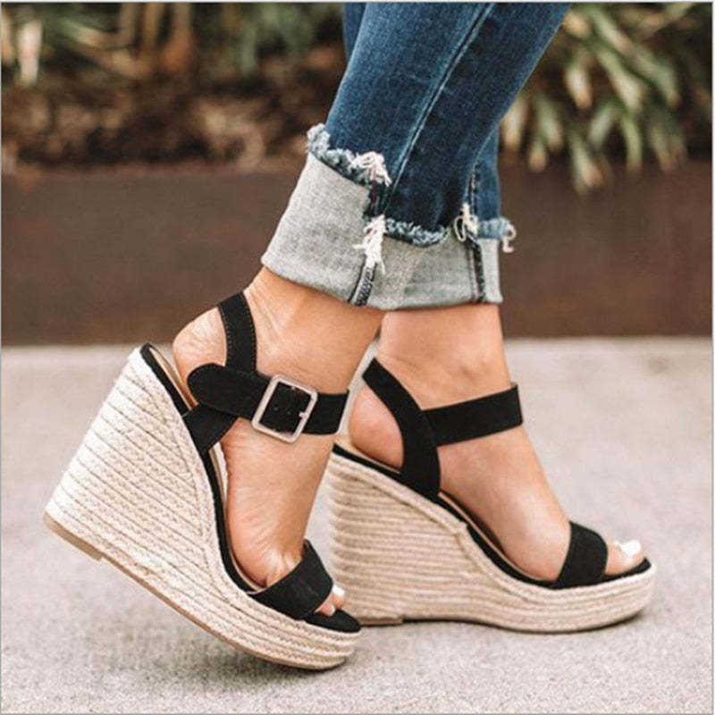 Women Strappy Buckle Espadrille Wedges