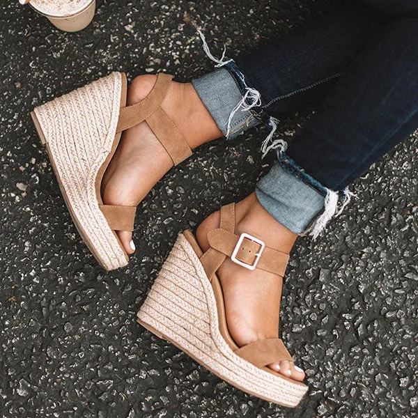 Women Strappy Buckle Espadrille Wedges