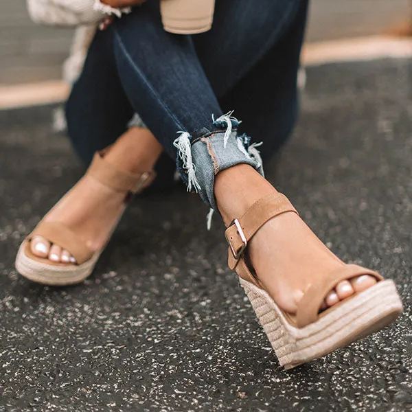 Women Strappy Buckle Espadrille Wedges