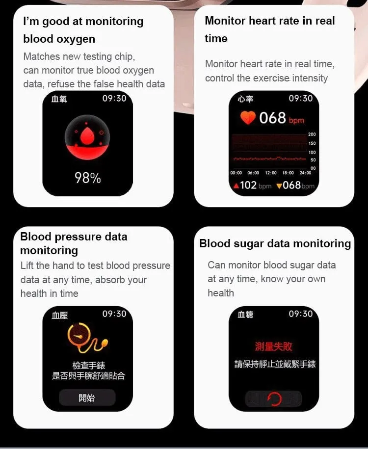 (All day monitoring of heart rate,blood sugar, and blood pressure) Bluetooth