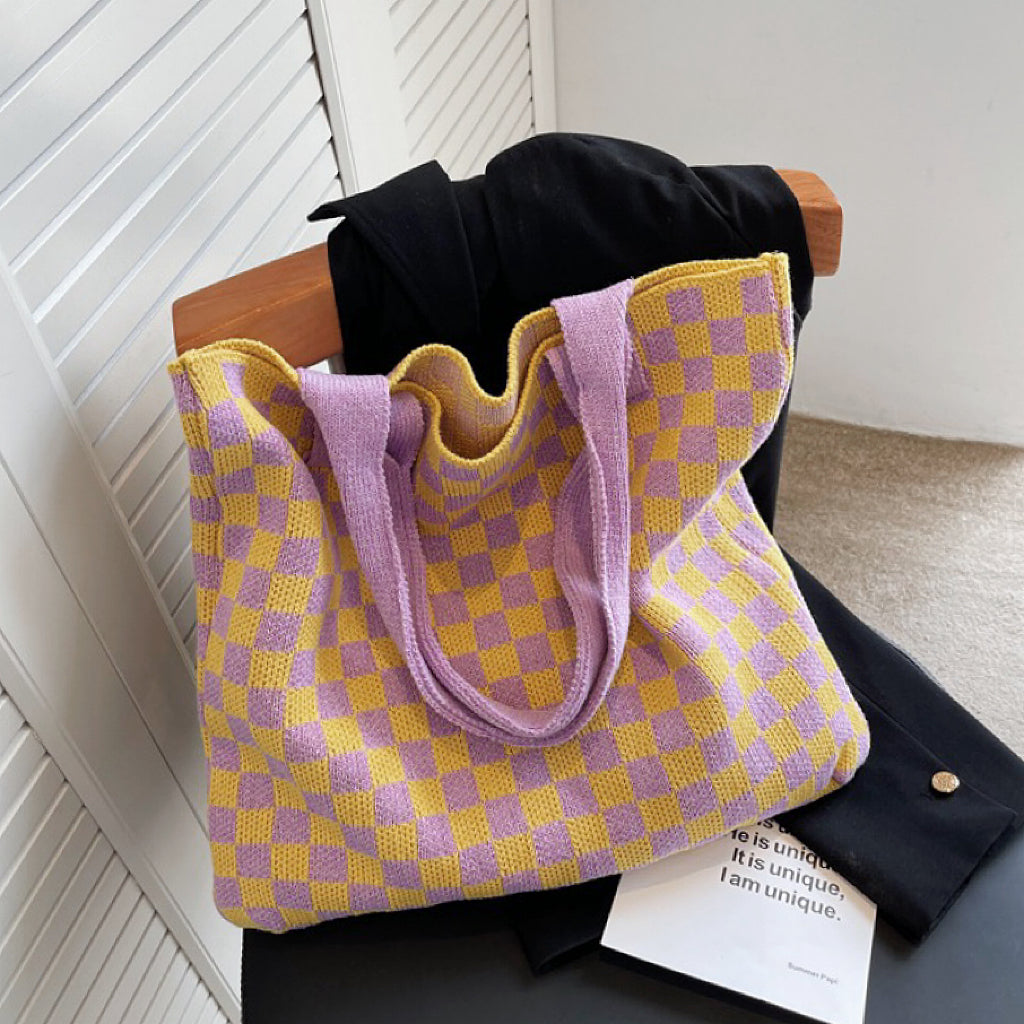 Checkered Knitted Tote Bag