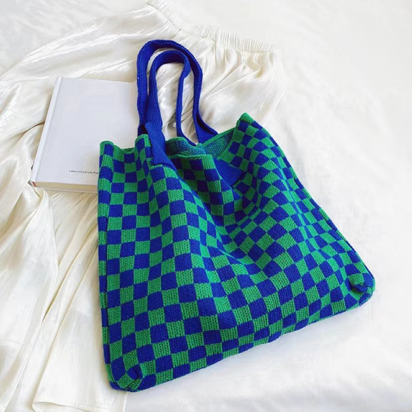 Checkered Knitted Tote Bag