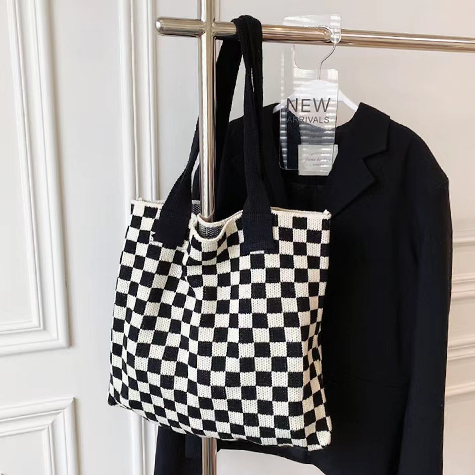 Checkered Knitted Tote Bag