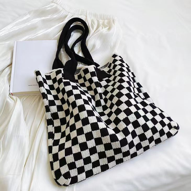 Checkered Knitted Tote Bag