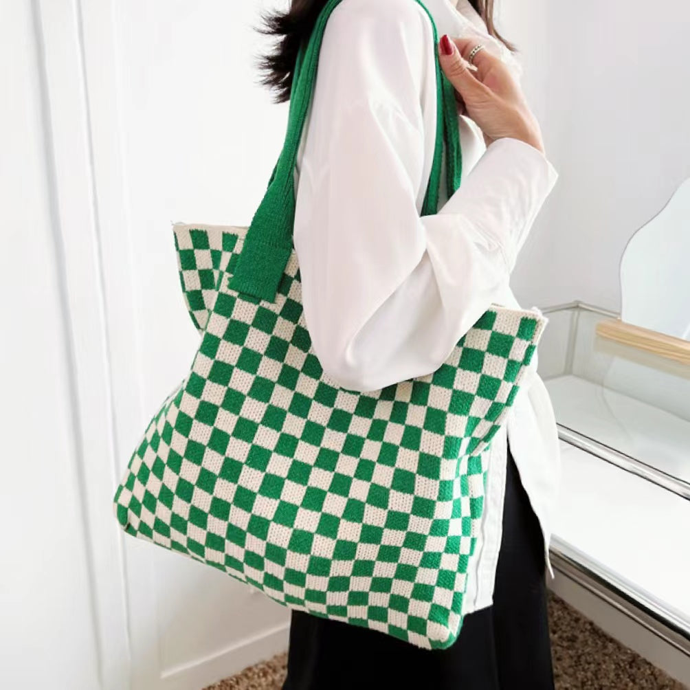 Checkered Knitted Tote Bag