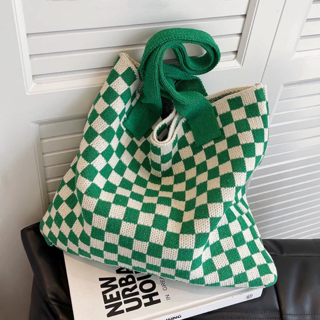 Checkered Knitted Tote Bag