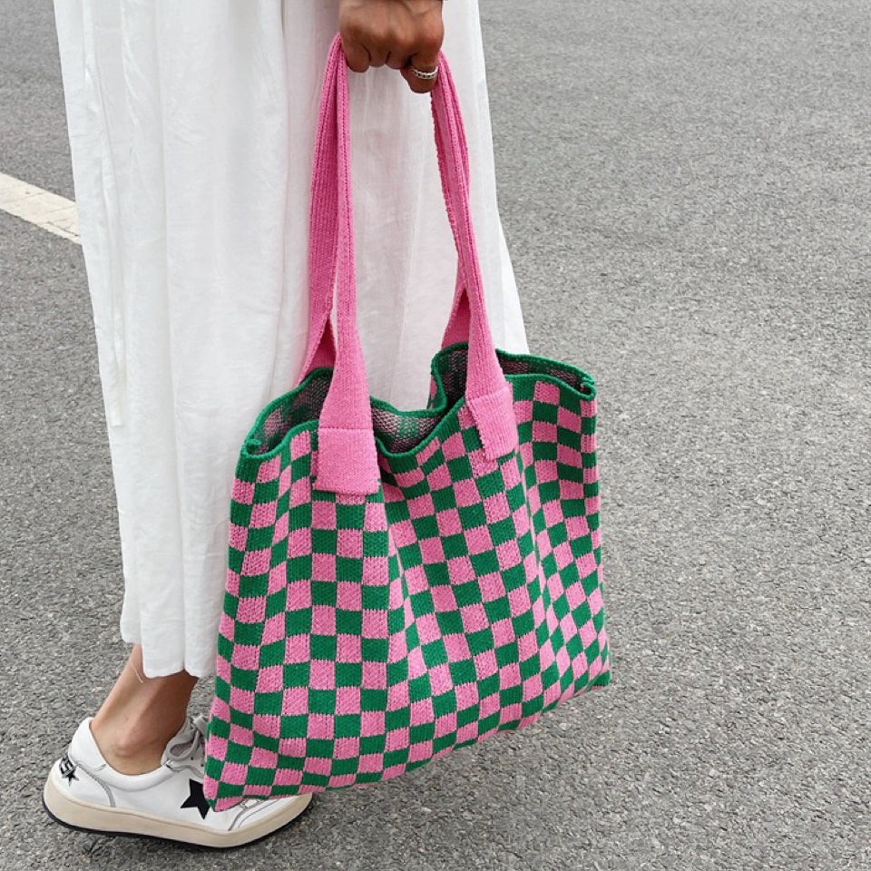 Checkered Knitted Tote Bag