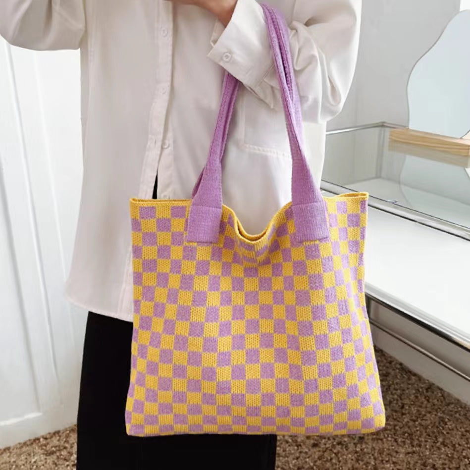 Checkered Knitted Tote Bag