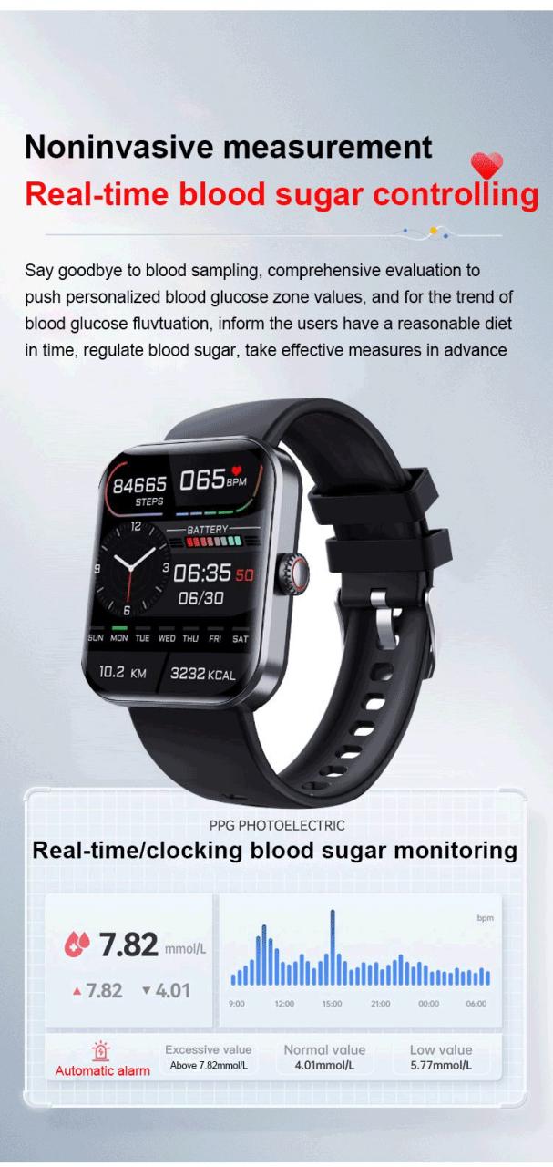 fvear - (All day monitoring of heart rate,blood sugar, and blood pressure) Bluetooth Fashion Smartwatch