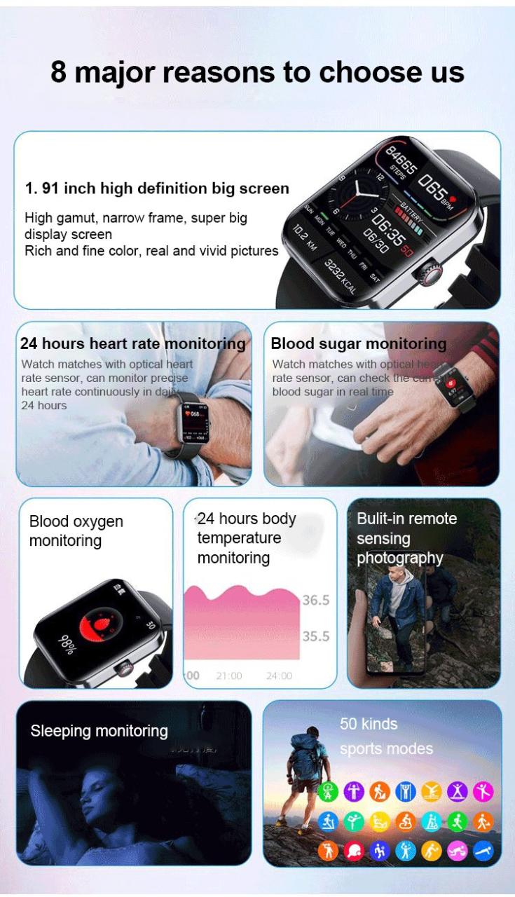 fvear - (All day monitoring of heart rate,blood sugar, and blood pressure) Bluetooth Fashion Smartwatch