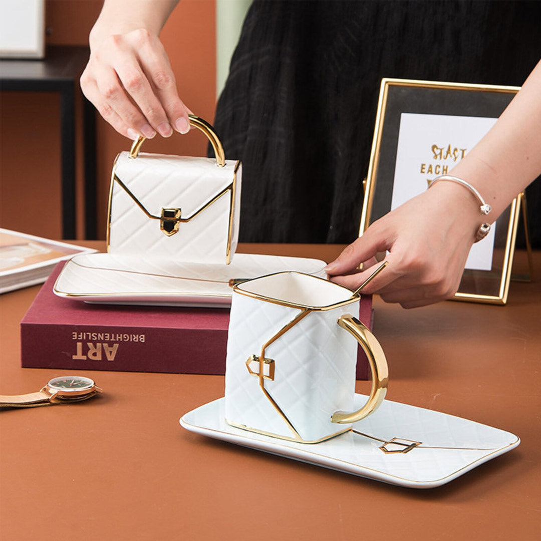 Handbag-Shaped Creative Mug With Saucer & Spoon