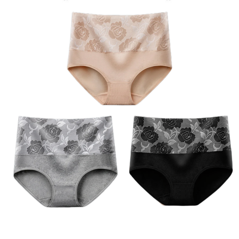 (Last Day Promotion SAVE 50% OFF) - Cotton High Waist Tummy Control Leak proof Panties Rose Jacquard Ladies Panty Multipack - BUY 2 SETS GET 10% OFF